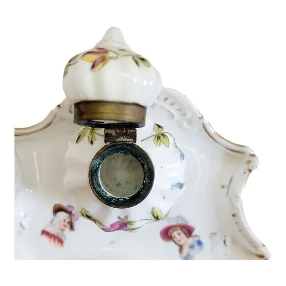 Vtg Hand Painted Porcelain Ink Well and Dish 5" Wide 3 1/2" Tall Floral Design - Picture 10 of 10